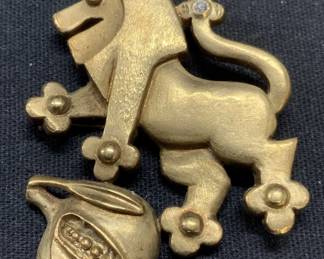Signed 14k Gold & Diamond Lion Pomegranate Brooch
