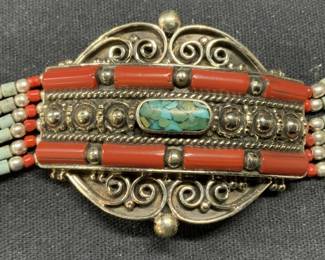 Sterling Silver Turquoise & Coral Bracelet
