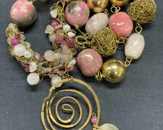 Gold Tone Heavy Rhodonite Beaded Necklace
