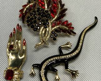 3 Gold Tone Sculptural Crystal Brooches
