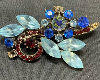 WEISS Blue & Red Crystal Flower Brooch

