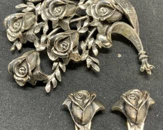 2 TORTOLANI Silver Tn Rose Brooch & Earring Set
