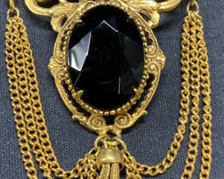 FLORENZA Gold Plated Black Crystal Brooch 3.75in
