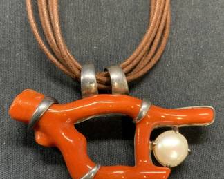 Red Coral Branch Sterling Silver Pendant Necklace
