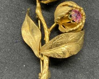 Gold Tone Pink Crystal Flower Brooch 2.75in
