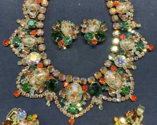 3pc Gold Tn Green & Orange Crystal Jewelry Set
