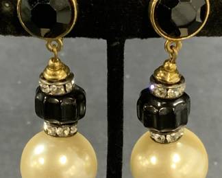 BEN AMUN Gold Tn Black Crystal Faux Pearl Earrings
