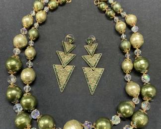 3 Green Beaded Crystal Necklaces, Crystal Earrings
