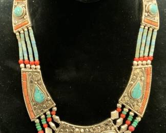 Sterling Silver Turquoise Coral Amber Necklace
