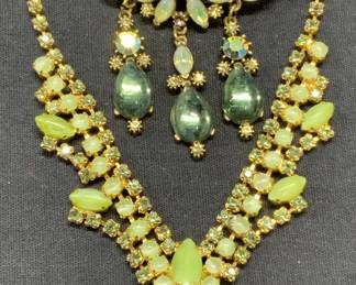 2 FLORENZA Green Crystal Floral Brooch, Necklace
