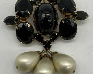 SCHREINER Gold Tn Black Crystal Faux Pearl Brooch
