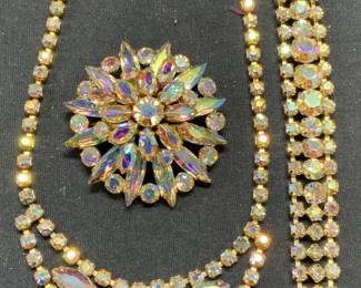 3 Gold Tn Crystal Brooch, Necklace, Bracelet Set
