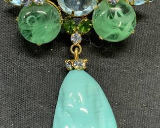 Blue Crystal & Glass Flower Pendant Brooch 3in
