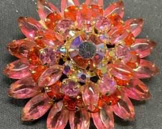 Gold Tone Pink Crystal Flower Brooch
