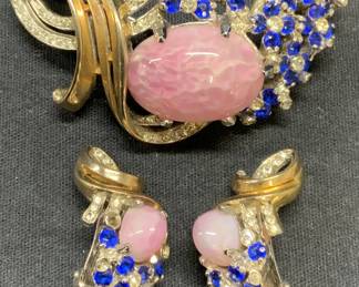 2 REJA Pink & Blue Crystal Brooch & Earrings Set
