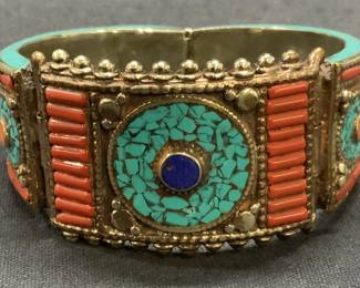 Chunky Silver Toned Turquoise & Coral Bracelet
