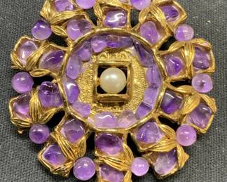 SWOBODA Gold Tone Amethyst & Pearl Brooch
