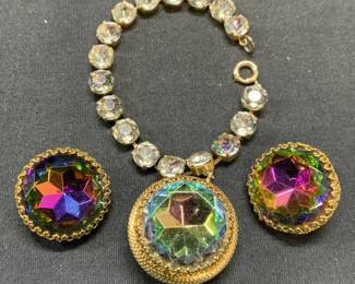 3 SCHIAPARELLI Gold Tone Prism Crystal Jewelry Set
