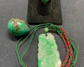 3 Jade Pendant Necklace, Sterling Silver Rings
