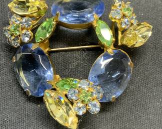 REGENCY Gold Tn Blue & Green Crystal Brooch

