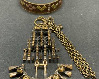 2 Bronze Tone Pendant Necklace & Enamel Bangle
