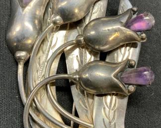 Sterling Silver Amethyst Flower Brooch, Mexico XL
