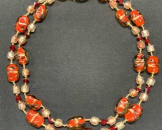Red Art Glass & Crystal Beaded Necklace, Japan
