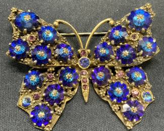 WEISS Gold Tone Blue Crystal Butterfly Brooch
