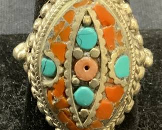 Silver Tone Turquoise & Coral Cocktail Ring
