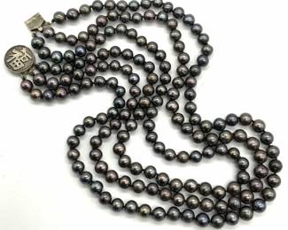 Signed Asian 3 Strand Tahitian Pearl Necklace
