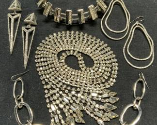 5 Silver Tn Crystal Necklace, Earrings, Bracelet
