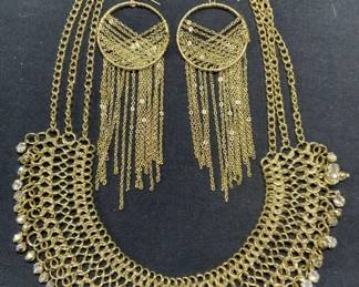 2 Gold Tn Mesh Chain Necklace & Dangle Earrings
