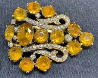 EISENBERG Gold Tone Orange Crystal Fur Clip 2.75in
