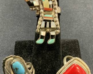 3 Sterling Silver Rings, AC ZUNI Figural, More
