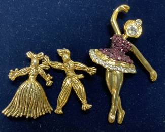3 Ballerina Crystal & Medieval Figural Brooches
