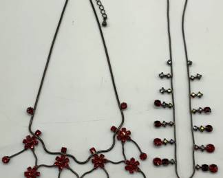 2 Red Crystal Flower Necklace, Pendant Necklace

