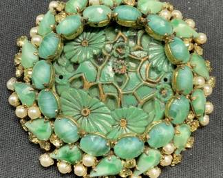 SCHREINER Green Crystal Floral Brooch
