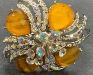 Silver Tn Amber Tone Crystal Flower Bracelet
