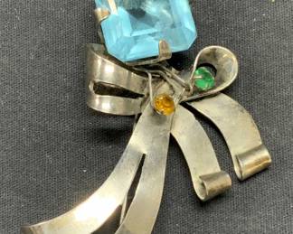 Sterling Silver & Colored Glass Stone Brooch 3.5in
