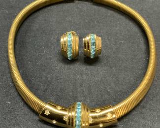 2 CORO Gold Tone Blue Crystal Choker & Earrings
