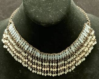 Silver Tone Blue Crystal Dangle Choker Necklace
