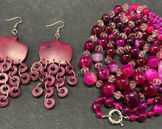 2 Purple Wood Earrings, Quartz Necklace

