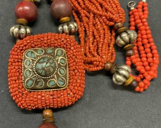 Multi Strand Coral Beaded Pendant Necklace
