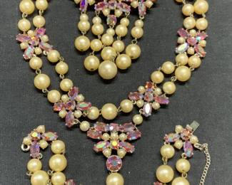 3 Faux Pearl Crystal Necklace, Bracelet & Brooch
