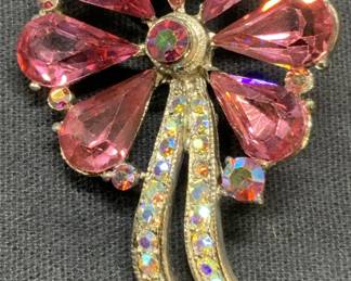 WEISS Silver Tone Pink Crystal Flower Brooch
