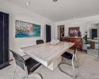 Marble Pedestal Dining Table w/4 Black Leather Chairs