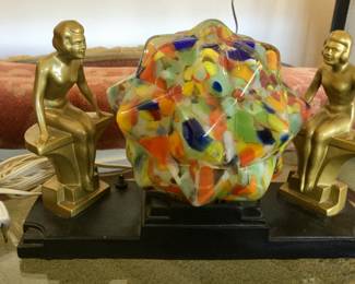 Art Deco  Two Maidens "End of Day" Slag Glass Table Lamp 
