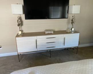 Hooker Furniture Media Console from the Cascade Collection.  Light wood tones, cast in resin in a soft white with champaign colored bar pull hardware and metal base. Excellent condition, less than 1 year old.  80"W x 18"D x 32.25"H