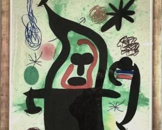 Joan Miro' Color aquatint, etching and carborundum "La Harpie" Color aquatint, etching and carborundum on wove paper, in color on wove paper, signed and numbered 20/75 in pencil, published by Maeght, Paris, the full sheet, with strong colors and in very good condition, framed measures 37" x 27.5" sheet Frame: 42 ¼ x 32 ¼ in. Reference: Dupin 506