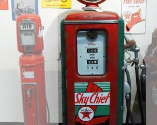 66. Sky Chief Texaco Tokheim 1940's Gas pump, and an Ojai, Ca. Collection of Gasoline Pumps and signs, enamel signs, and collectibles including a 1967-70 BSA Thunderbold 650 Motorcycle in mint condition
